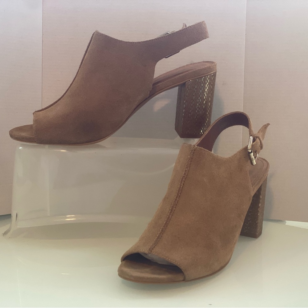 Donald J Pliner Tan Block High Heels Open Toe Suede Sling Back Buckle Shoes